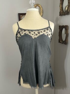 POL Charcoal Gray Sheer Embroidered Babydoll Camisole